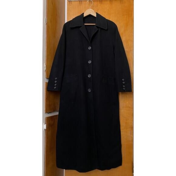 Saks Fifth Ave Fleurette 100% Cashmere Black Long Trench Over Coat Sz M 8 10 - Picture 1 of 8